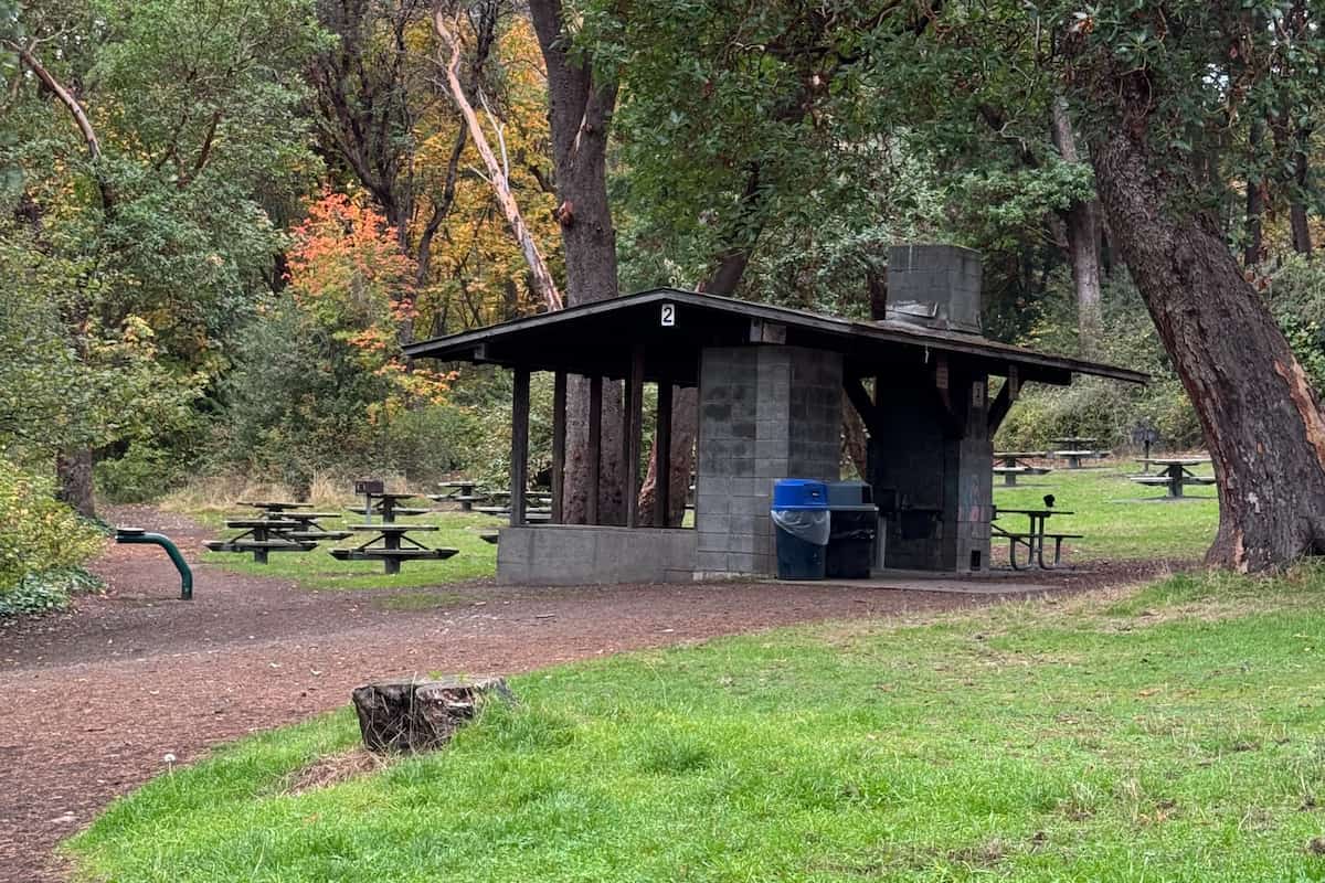 Reservable shelter and picnic tables by the playground above the beach.