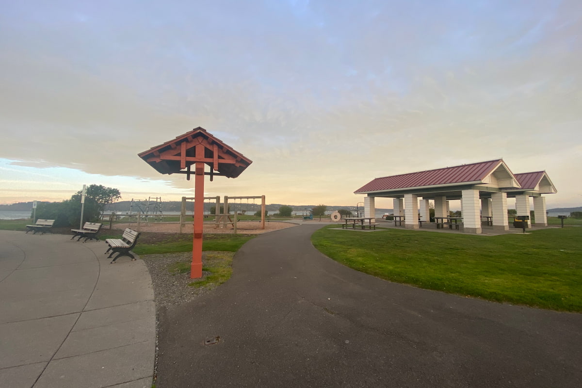 Playground structure and reservable shelters nearest to the parking lot and beach area.